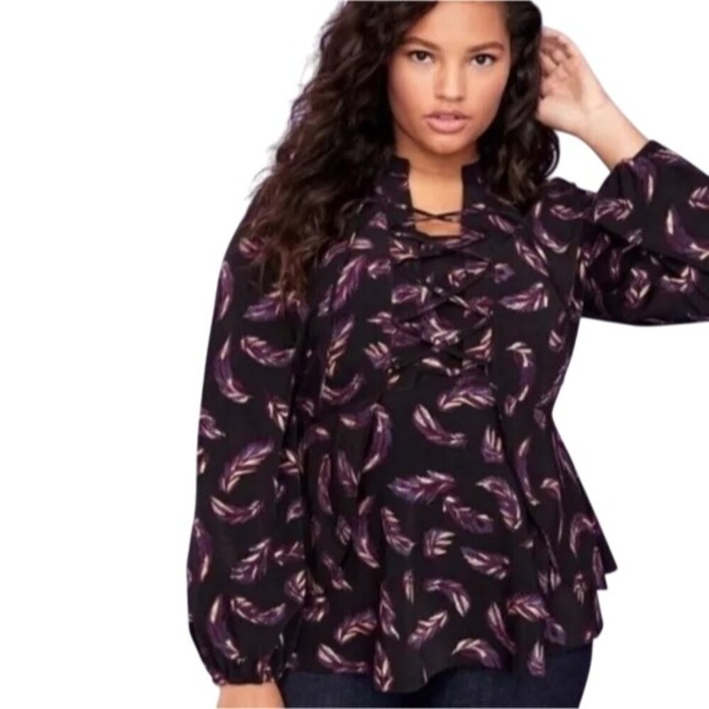 Lane Bryant Feather Long Sleeve Peplum Blouse Size 18 Lace Up Neck Black Purple